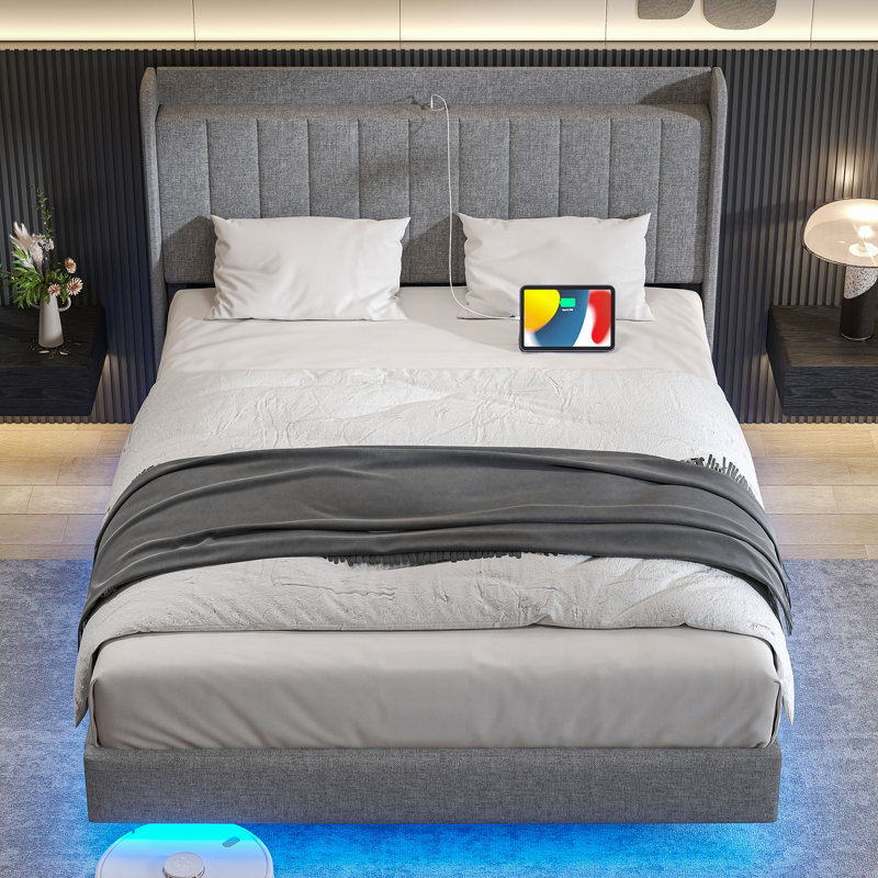 Ivy Bronx LED Upholstered Bed Frame Floating Bed Frame With Wingback Storage Headboard & Reviews